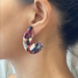 LARGE CRESCENT HOOP MULTI COLOR MARBLE EARRINGS